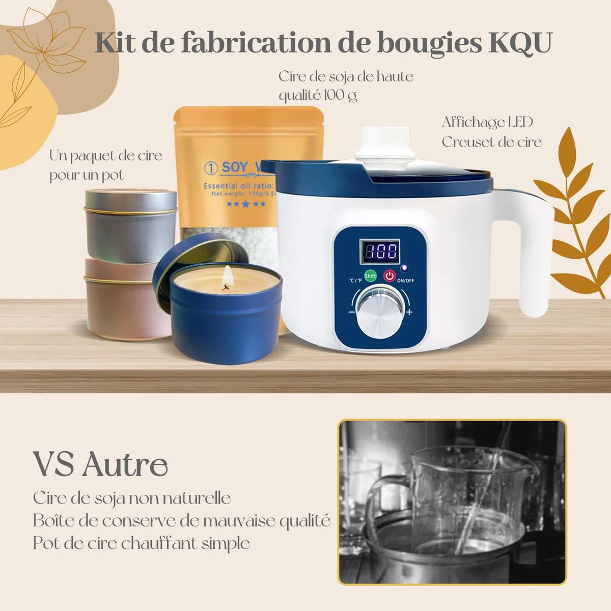 KQU Set para Hacer Velas para Adultos con Caldero de Fusión de Cera Digital, Cera de Soja, 12 Vasos, 8 Moldes para Velas, 6 Fragancias y Cajas de Regalo
