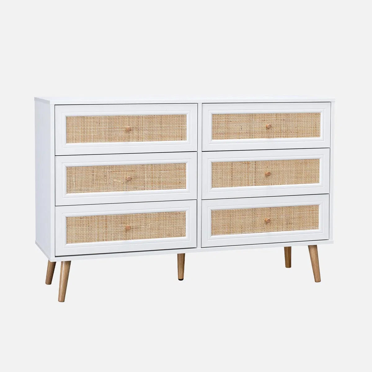 sweeek-Cómoda de 6 cajones con Efecto Madera y caña Blanco Roto - 120x39x79 cm