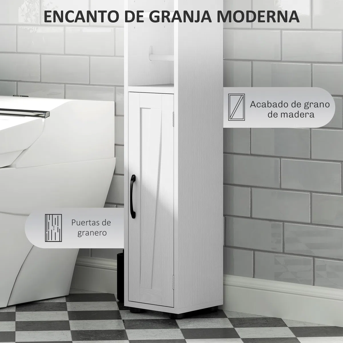 HOMCOM Columna de Baño Estrecha con 2 Puertas Armario Alto de Baño Rústico con Cajón Compartimento Abierto Estantes Ajustables y Portarrollos 20x20x185 cm Blanco