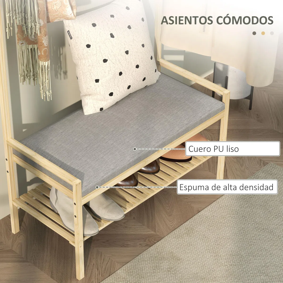 HOMCOM Perchero Zapatero Perchero Entrada Recibidor con 10 Ganchos Banco Zapatero Barra Superior y Compartimento para Pasillo Dormitorio 73,5x34x171 cm Natural