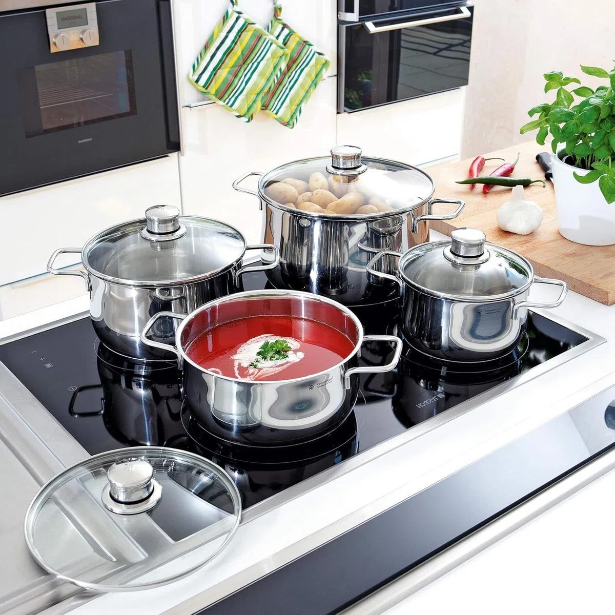 WMF Diadem Plus - Batería de Cocina 6 Piezas, 3 Cacerolas Altas de 16 cm, 20 cm y 24 cm con 3 Tapas de Cristal, Acero Inoxidable Cromargan Apto para Inducción