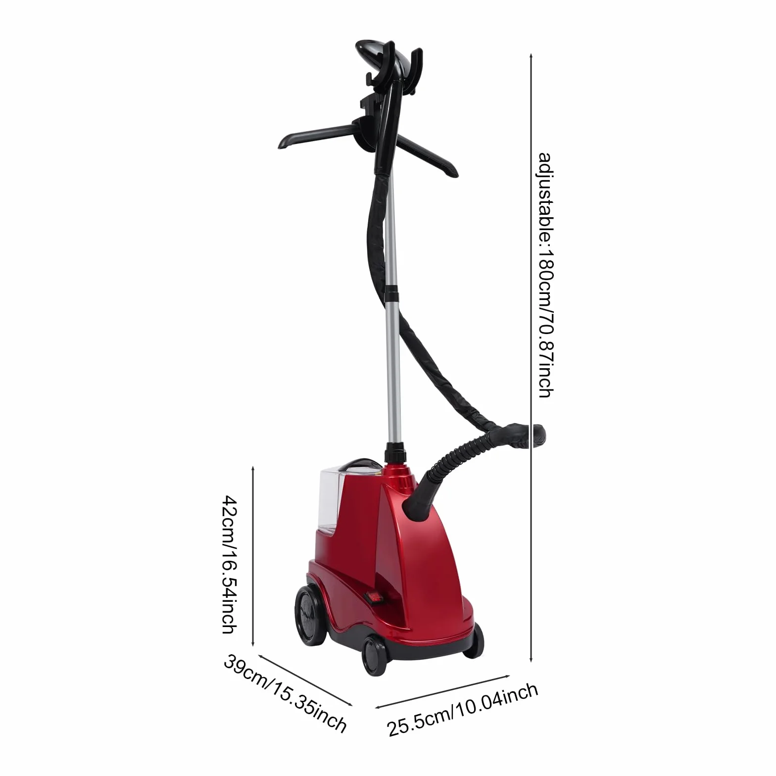 Plancha de vapor vertical de 2500 W (70 g/min), depósito de agua de 3 litros y altura ajustable (0,8 – 1,8 m), cepillo de vapor de 3 niveles con tiempo de calentamiento de 50 segundos, vapor rojo