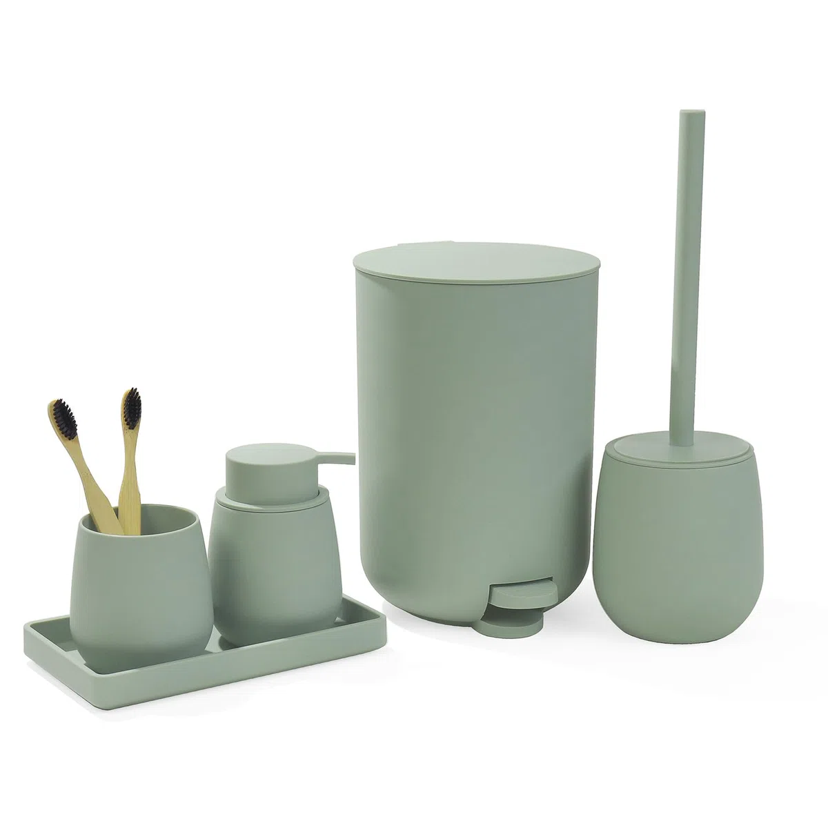 Juego de Baño Accesorios Completo, 5 Piezas Set de Baño Moderno - Dispensador de Jabón, Soporte Cepillo de Dientes, Cubos de Basura para Baño, Escobillero, Bandeja para Organizar (Verde)