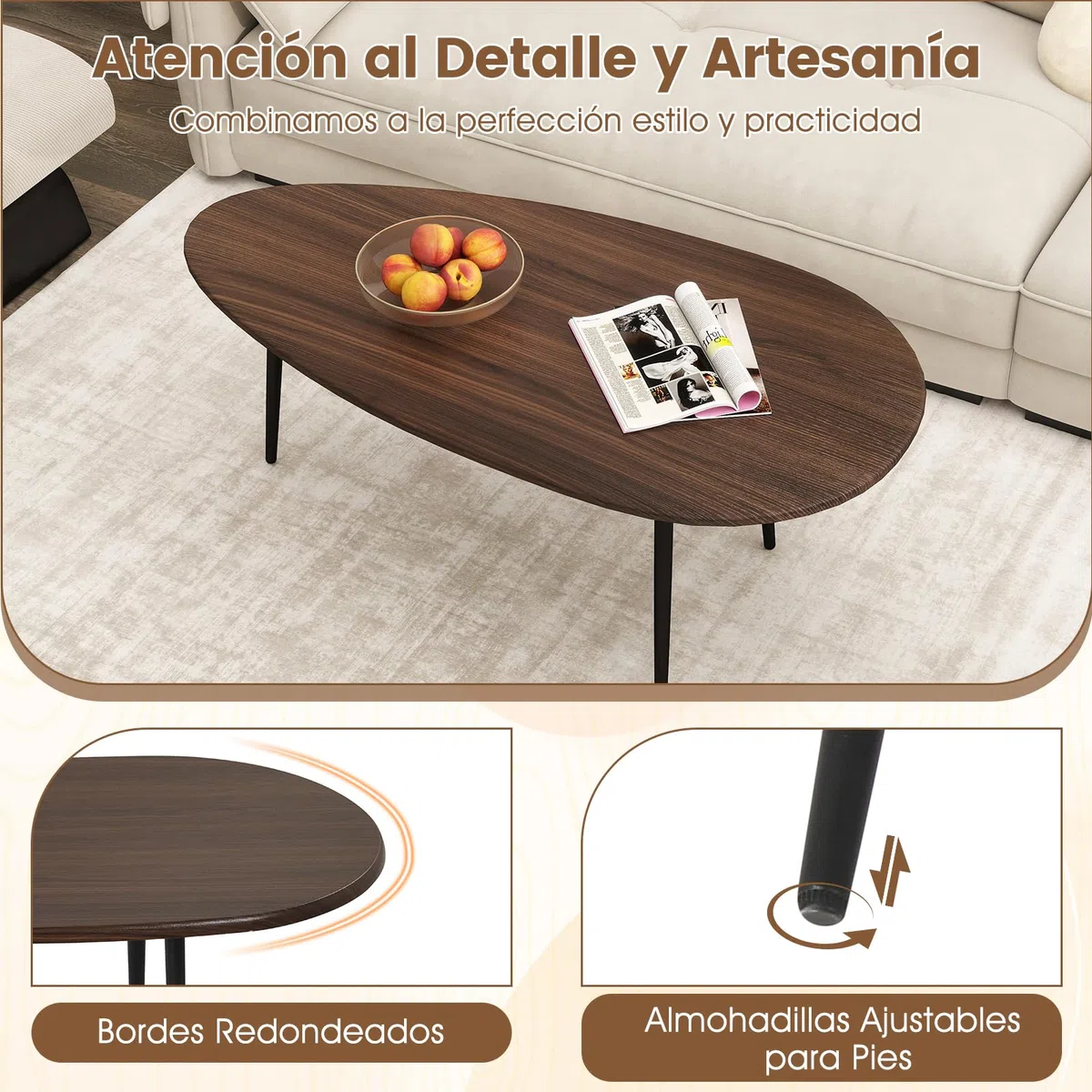 COSTWAY Mesa de Centro Ovalada, Mesita Central con Construcción Metálica Resistente y Diseño Compacto para Sofá, Mesita Auxiliar para Salon, Oficina, Mesita de Café, 108 x 56 x 44 cm (Nogal)