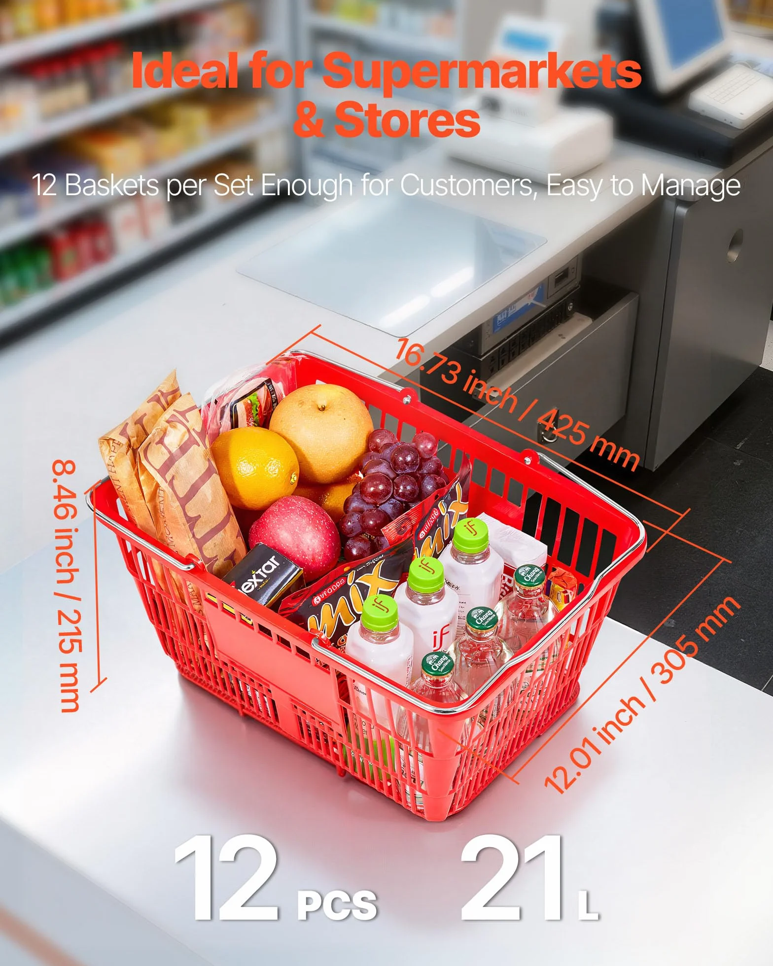 VEVOR Cestas de la Compra Apilables, Plástico PE, 21 L, con Asas Metálicas, Estructura de Malla Densa, Carga 9,07 kg, para Supermercados, Tiendas, Tiendas Minoristas y Uso Doméstico, Rojo, 12 uds
