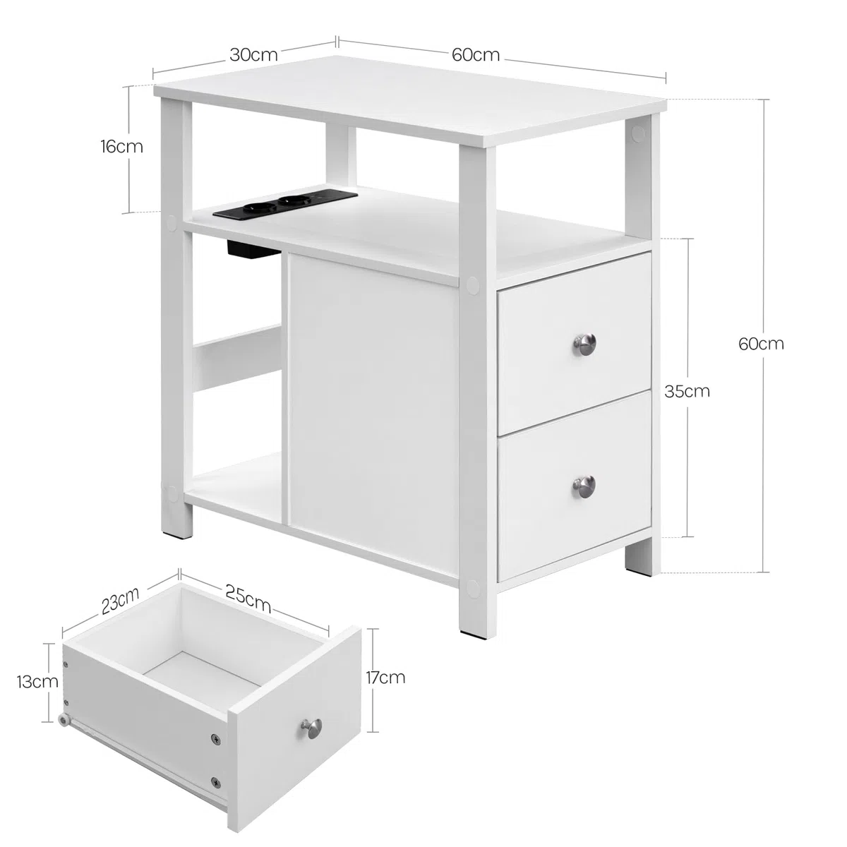 WOLTU Mesita Auxiliar con Enchufe, Mesa Centro con 2 Cajones y 2 Estantes, Mesilla con Enchufe y Puertos USB, para Salón y Dormitorio, Blanco, 60x60x30 cm, BTS28ws