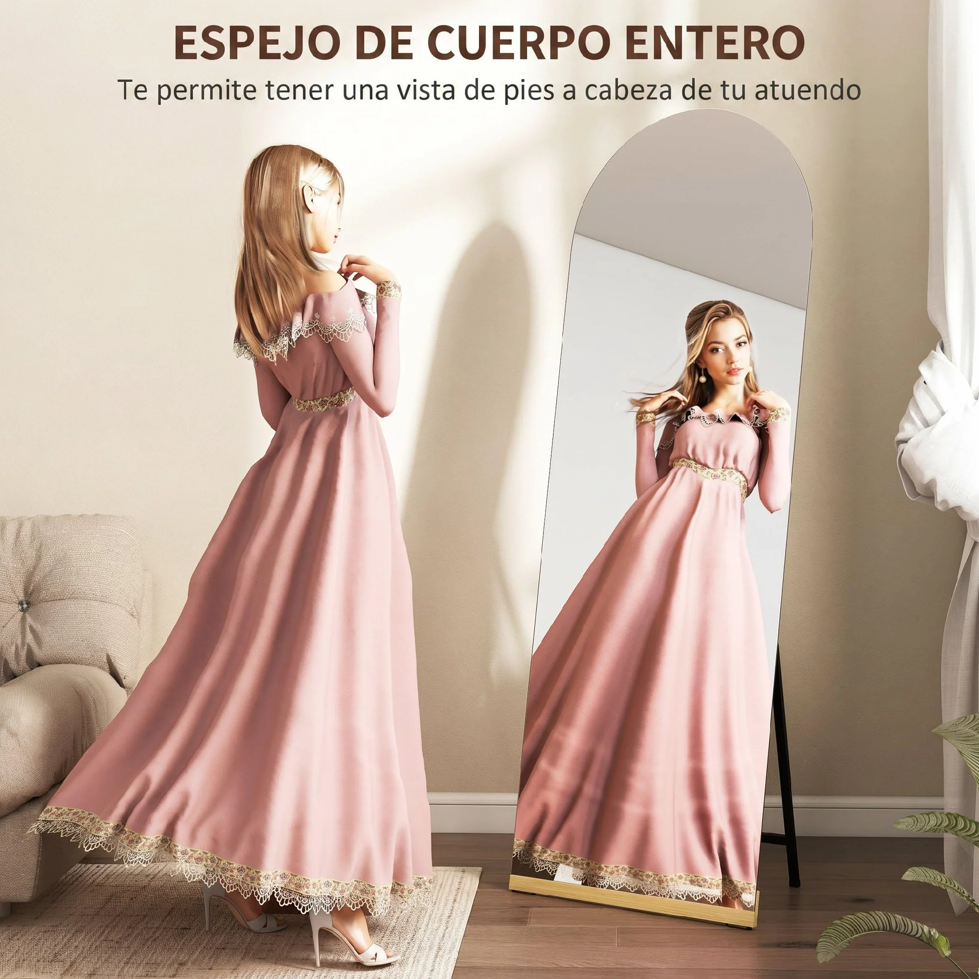HOMCOM Espejo de Cuerpo Entero Curvado 160x50 cm, Espejo de Pie, sin Marco, Base de Madera, para Salón, Dormitorio, Pasillo, Entrada