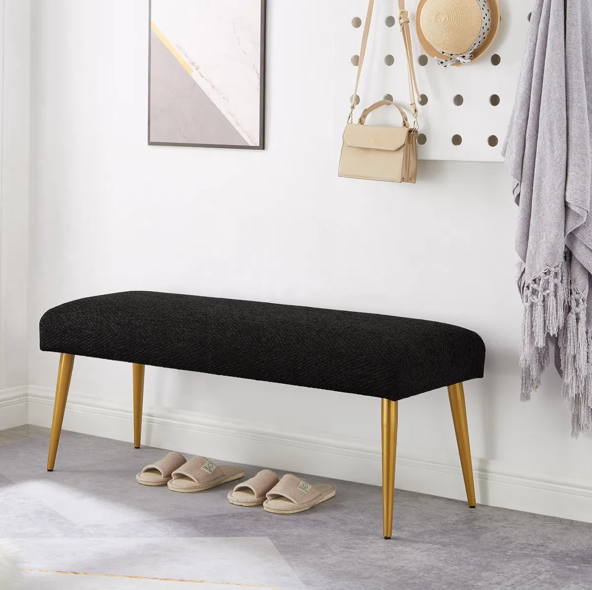Ball & Cast Banco tapizado para la Entrada, Banco para el Final de la Cama, Banco-Taburete Negro para el Dormitorio con Asiento Acolchado y Patas de Metal, Negro
