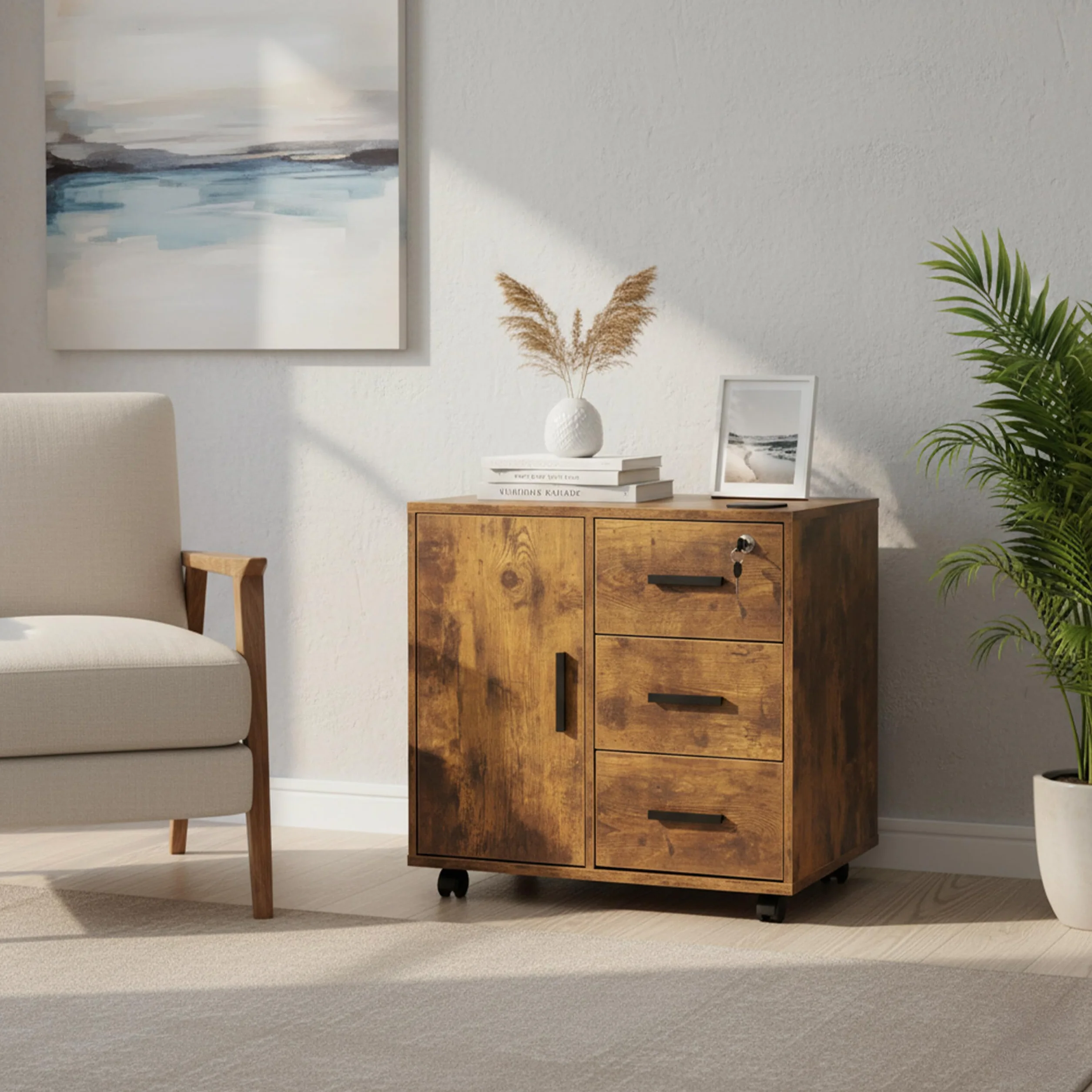 Relaxdays archivador con Ruedas, 3 cajones, 2 Puertas, Cerradura, marrón Vintage, 57x60x40 cm