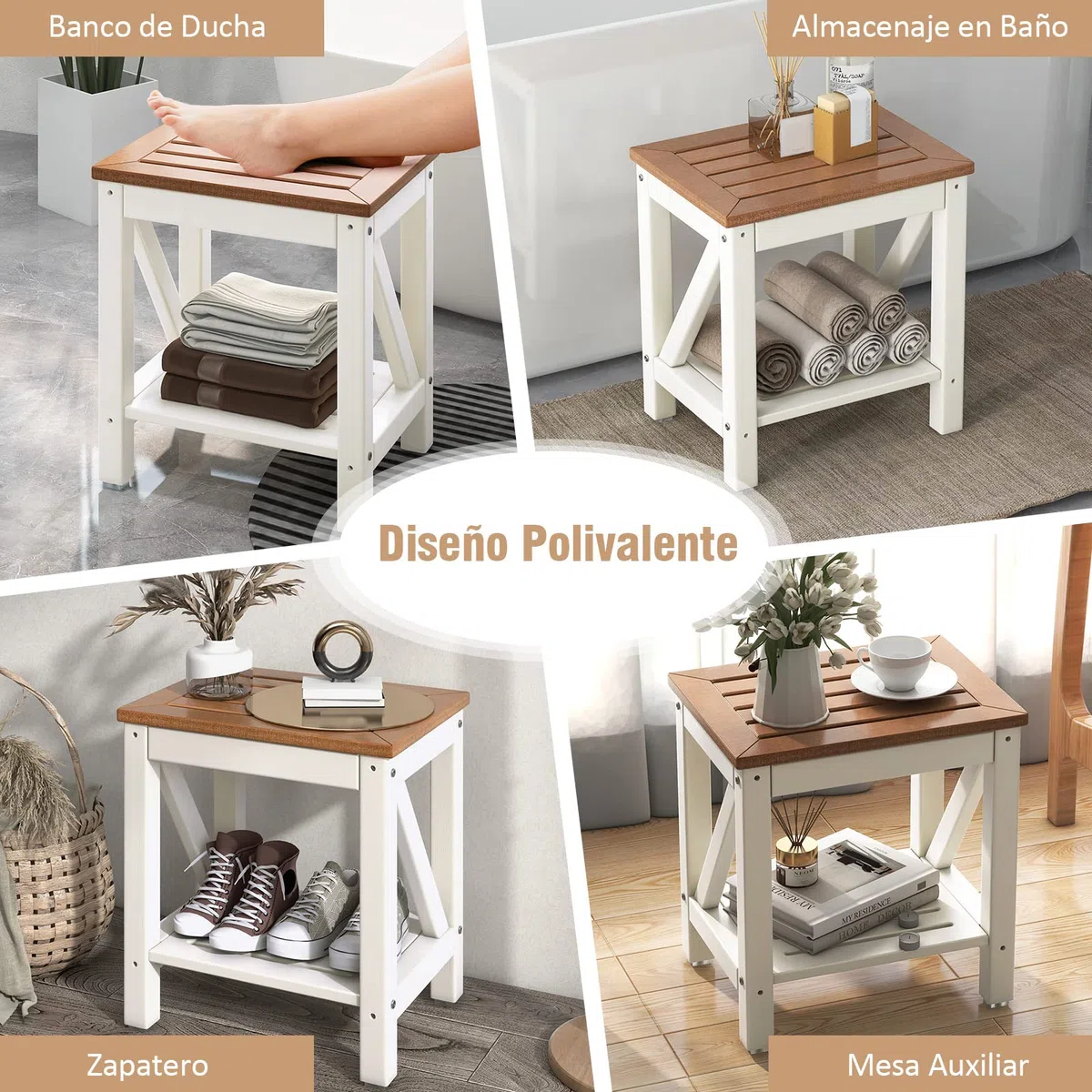 COSTWAY Taburete de Ducha de Esquina, Banco Impermeable de Baño con Estante de Almacenamiento de Madera, Asiento Bañera Adulto para Ducha para Uso en Interiores y Exteriores (Diseño 3)