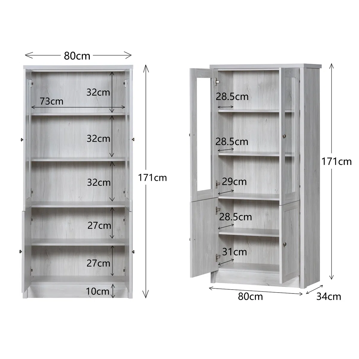Armario alto de cristal de 171 cm de altura, con 2 puertas de cristal y estante, archivadores, buffet, armario de cocina, aspecto de madera, para salón, oficina y pasillo (color blanco con puertas)