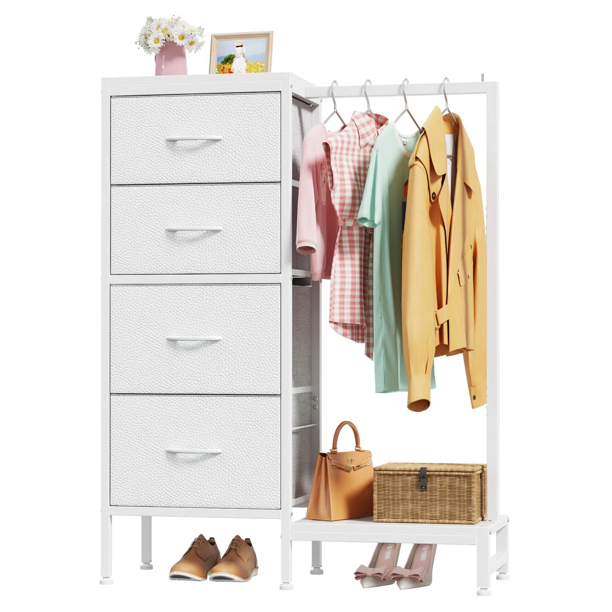 Cómoda con 4 Cajones de Tela y Barra Colgante, 111 cm, Mueble Multifunción para Dormitorio, Salón, Habitación Infantil, Pasillo, Madera Rústica rústica Blanco
