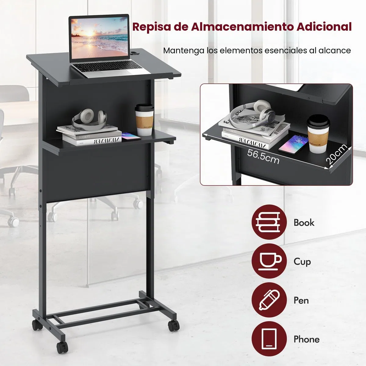 LIFEZEAL Atril, Podio de Conferencia, con 2 Estantes, 4 Ruedas, Altura Ajustable, Mesa de Presentación, para Discursos Públicos, Iglesia, Aula, 60x40x108,5-122,5cm