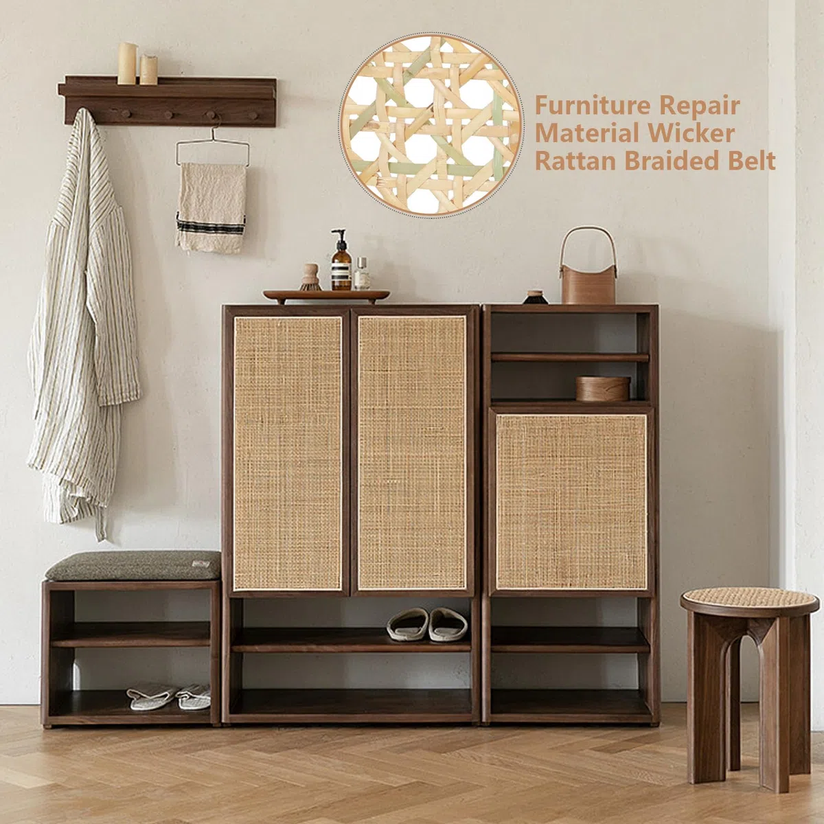 Rollo de cinta de ratán natural, tejido de nido de abeja, para muebles y decoración del hogar + guantes (150 x 50 cm, color natural)