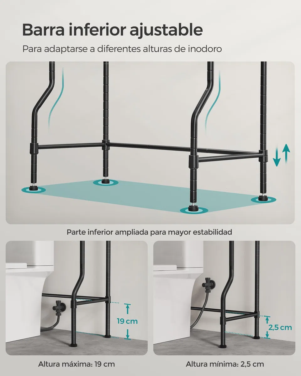 SONGMICS Estantería de Inodoro de 4 Estantes, Estante de Metal para el Baño, Estantes Ajustables, con 4 Ganchos y Portarrollos, Ahorra Espacio, 30 x 63 x 176 cm, Negro BTS013B01