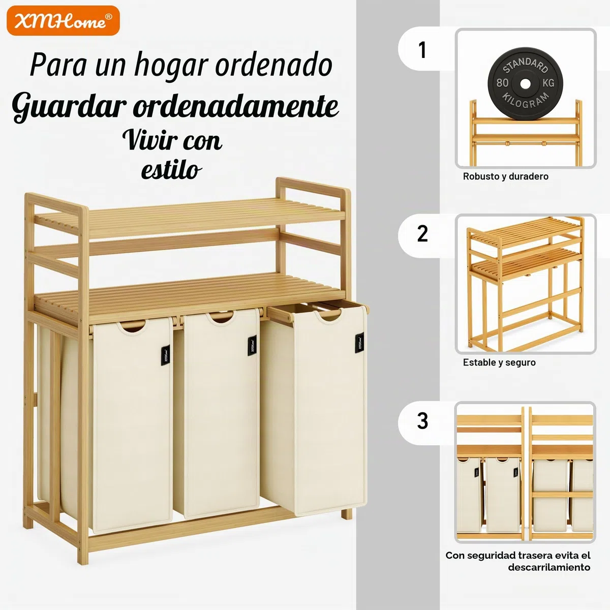 cesto para la ropa sucia con 3 compartimentos de 148 litros de bambú con 2 niveles Gran cesto de lavandería con bolsa extraíble rectangular Caja de lavandería para baño dormitorio y lavandería