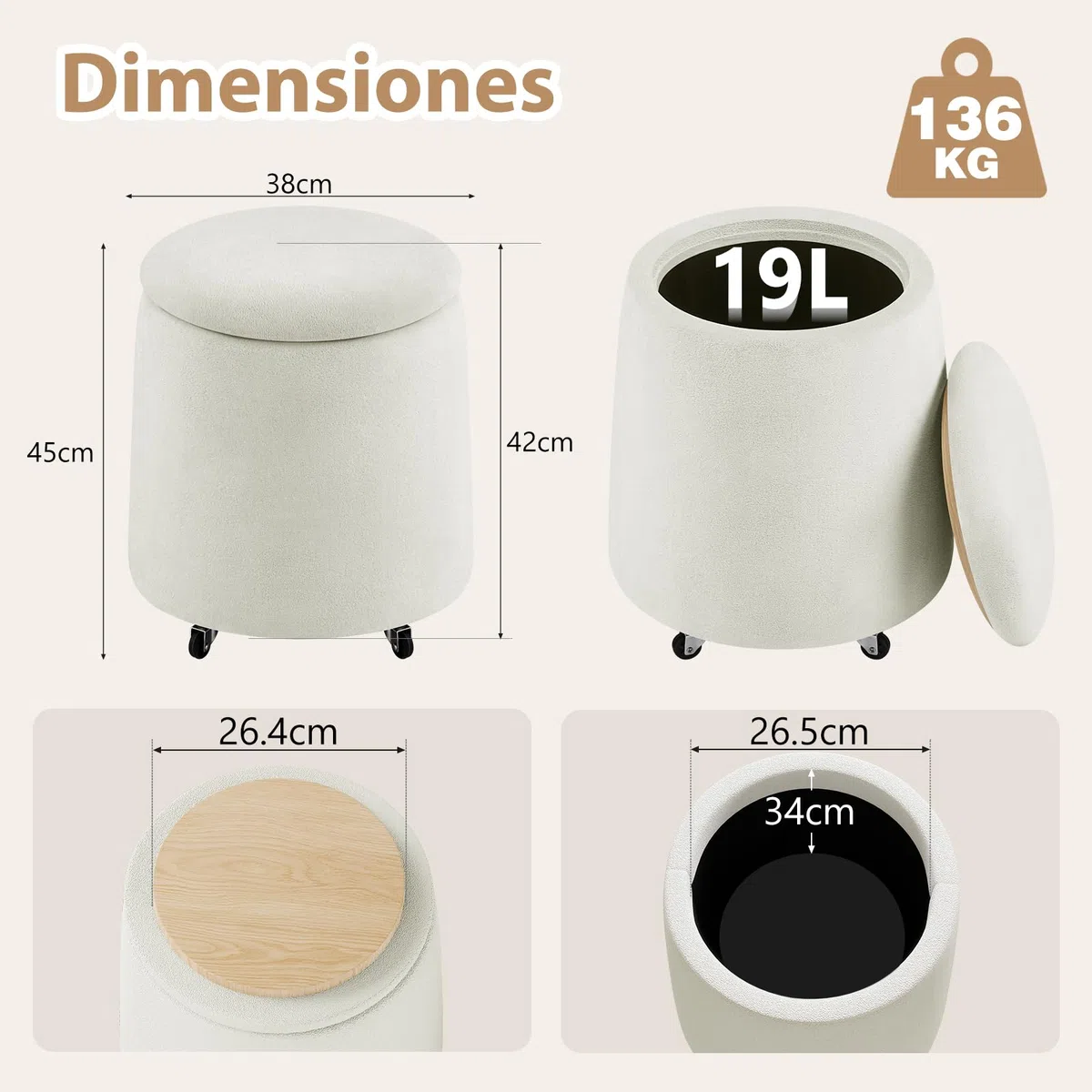 Hellove Puff Almacenaje Bouclé, Redondo Taburete Baúl con Tapa Reversible, Asiento Acolchado, Silla de Maquillaje con Ruedas Ø37 x 45cm para Salón, Dormitorio y Pasillo, Blanco Crema