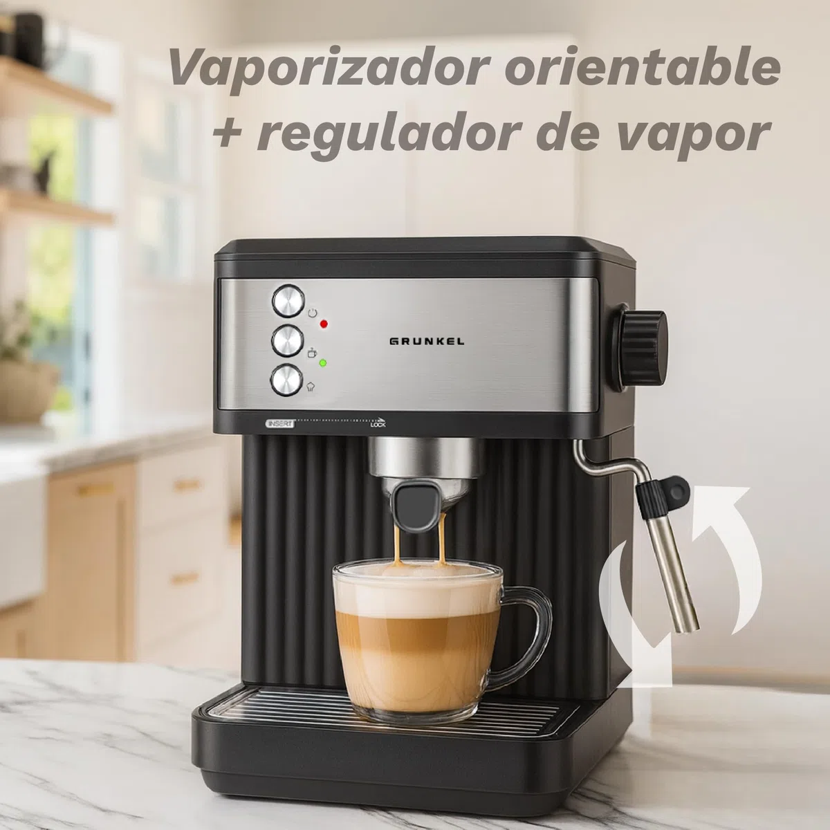 Grunkel Cafetera Espresso de 20 Bares, 850W, Panel Táctil/analogico con vaporizador orientable y brazo doble salida Depósito 1,8L (Analógica)