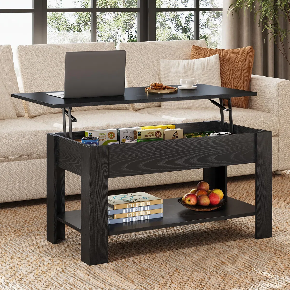 WLIVE Mesa de Sofá Centro con revistero, Mesa de Café elevable, Medidas: 100 cm (Largo) x 45/60cm (Alto) x 48 cm (Fondo) (Negro Carbón)