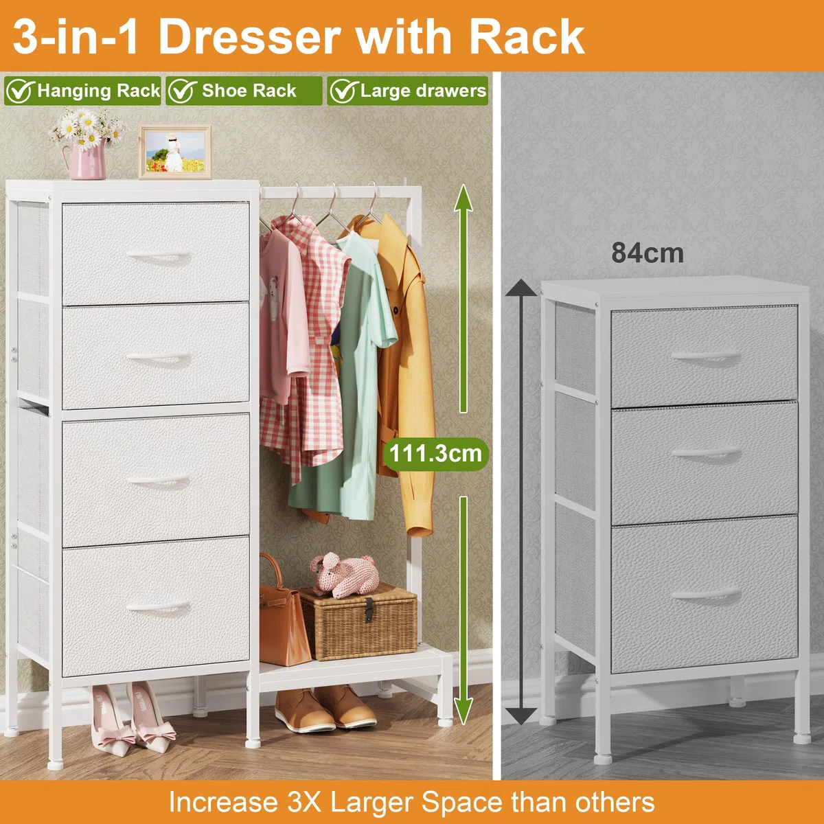 Cómoda con 4 Cajones de Tela y Barra Colgante, 111 cm, Mueble Multifunción para Dormitorio, Salón, Habitación Infantil, Pasillo, Madera Rústica rústica Blanco