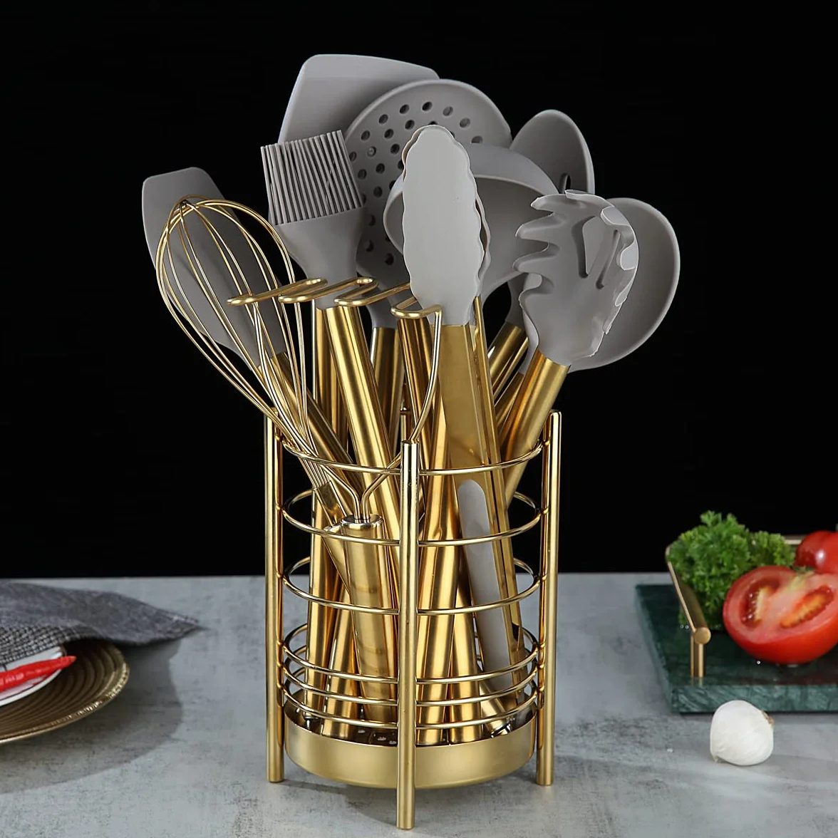 Berglander Juego de utensilios de cocina dorados de silicona antiadherente de 38 piezas, juego de cucharas y espátulas con resistente soporte para utensilios de acero inoxidable