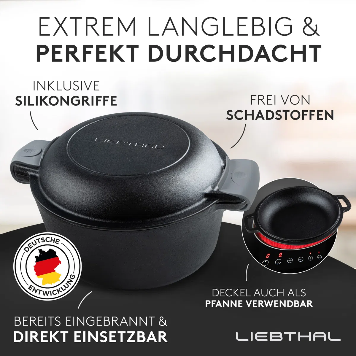 LIEBTHAL Olla de Hierro Fundido Con Tapa de 4,6 L, Sartén Robusta Para Hornear Pan, Freír y Guisar, Inserto de Silicona Antiadherente a Medida