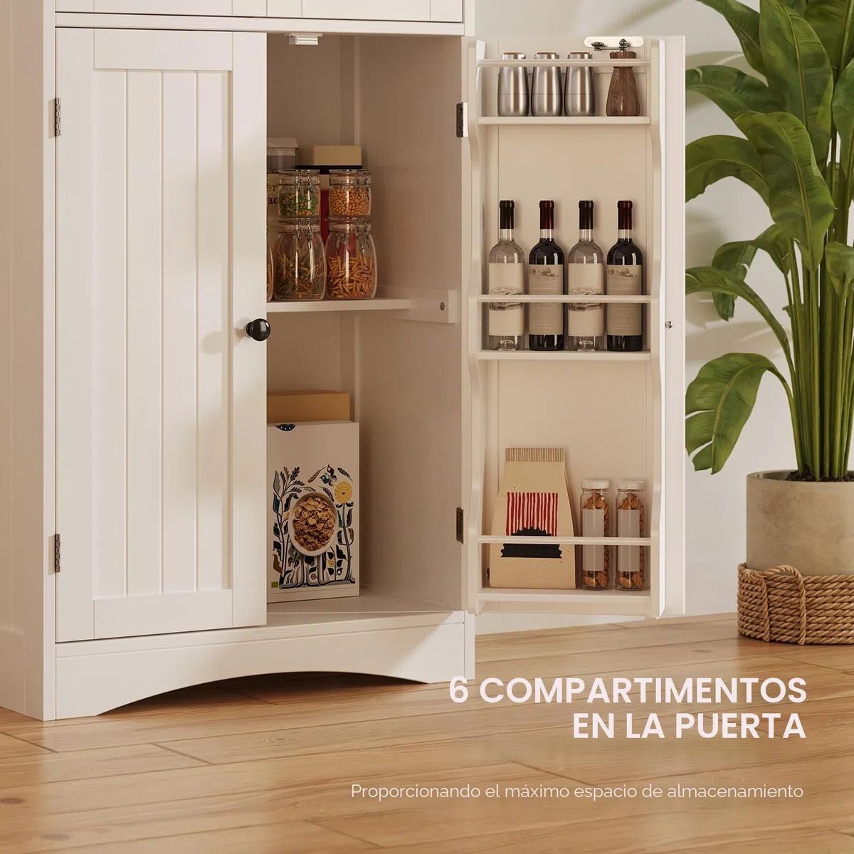 Xbro Armario Alto de Cocina, 170 x 30 x 60cm, Mueble Cocina Alto 4 Puertas y 2 Cajones, Armario de Vitrina con Estantes Laterales, Salón y Comedor (Blanco)