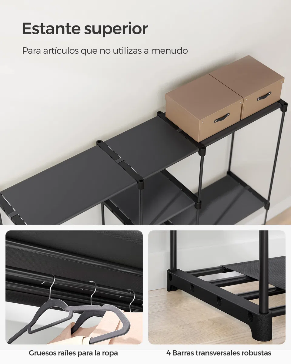 SONGMICS Armario, Perchero, Guardarropa, con Barras, Vestidor, Estantes de Tela, Marco de Metal, 182 x 43 x 182 cm, Negro Tinta RYG037B02