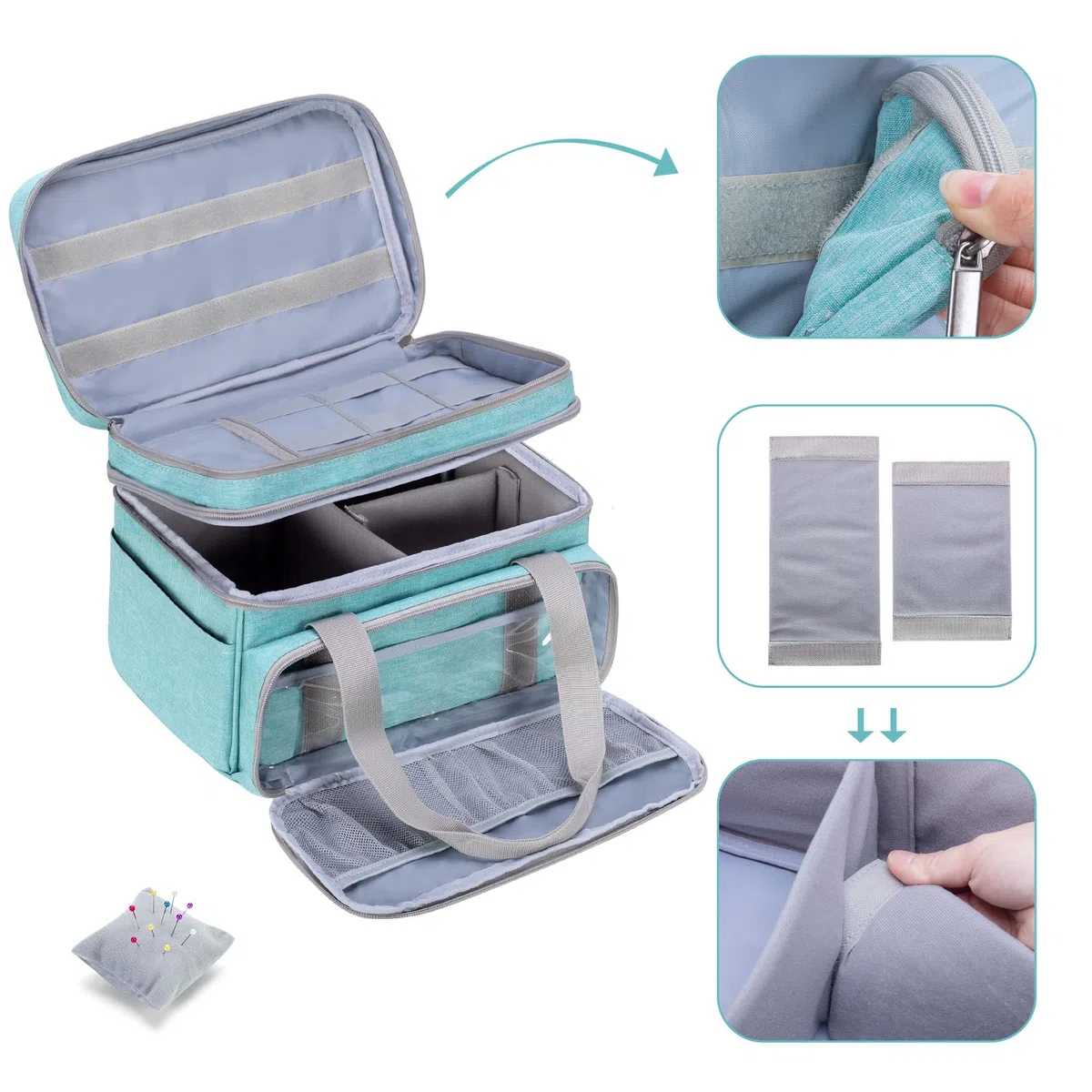 BAFASO Bolsa para Kit de Costura de Doble Capa, Costurero Grande con 2 Bolsillos Desmontables, Bolsa de Costura Grande (Sin Accesorios), Verde
