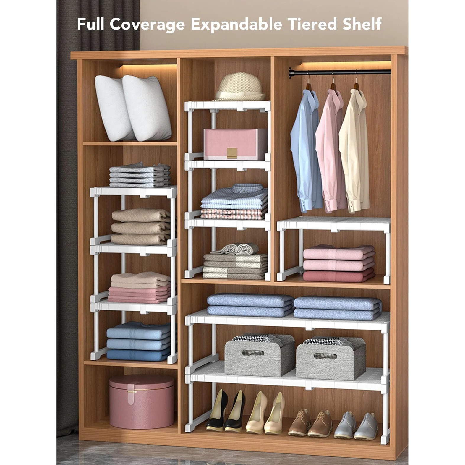 Estante de Gabinete Expandible con Acero Al Carbono, Estante de Almacenamiento Ajustable para Armario, Divisor de Guardarropa Ideal y Organizador para Cocina y (Longitud 47-68