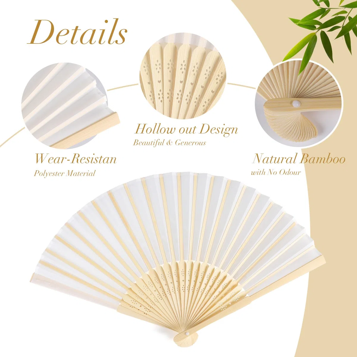 SWAWIS 60 Piezas Abanicos de Tela Blanco, Abanico Plegable con 60 Bolsas de Organza y Tarjetas de Agradecimiento, Ventiladores de Bambú para Bodas Bautizos Decoraciones Fiestas DIY