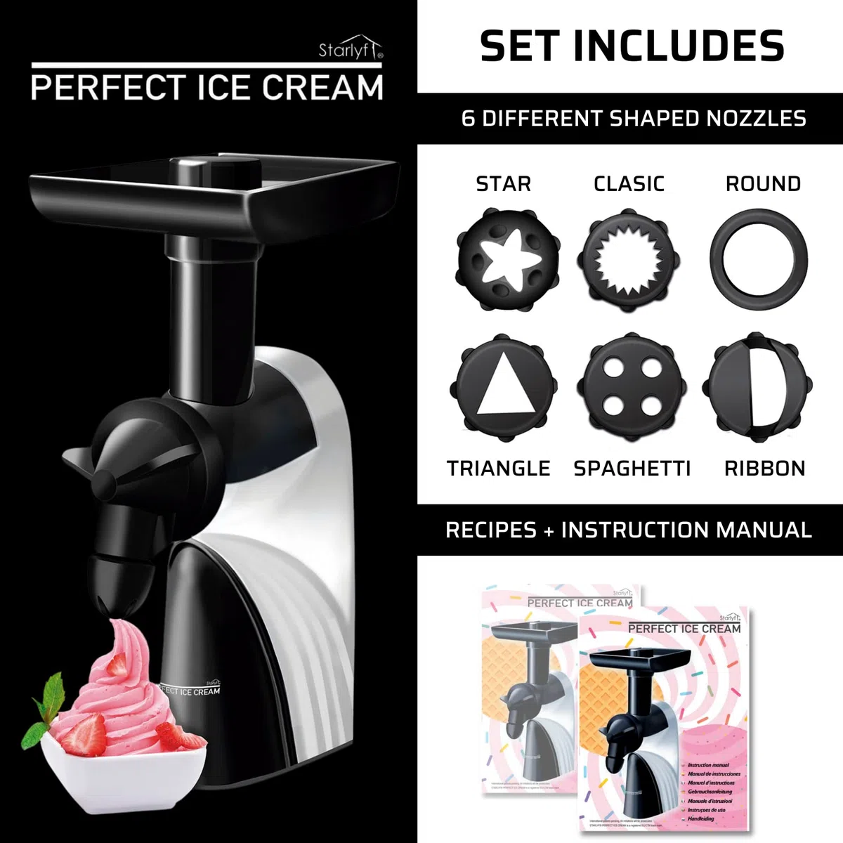 Máquina de Helados STARLYF PERFECT ICE CREAM, Máquina para hacer helados con Fruta, máquina de helados y sorbetes, muy fácil de Usar, 100% Natural, Gluten Free, Ideal Batidos
