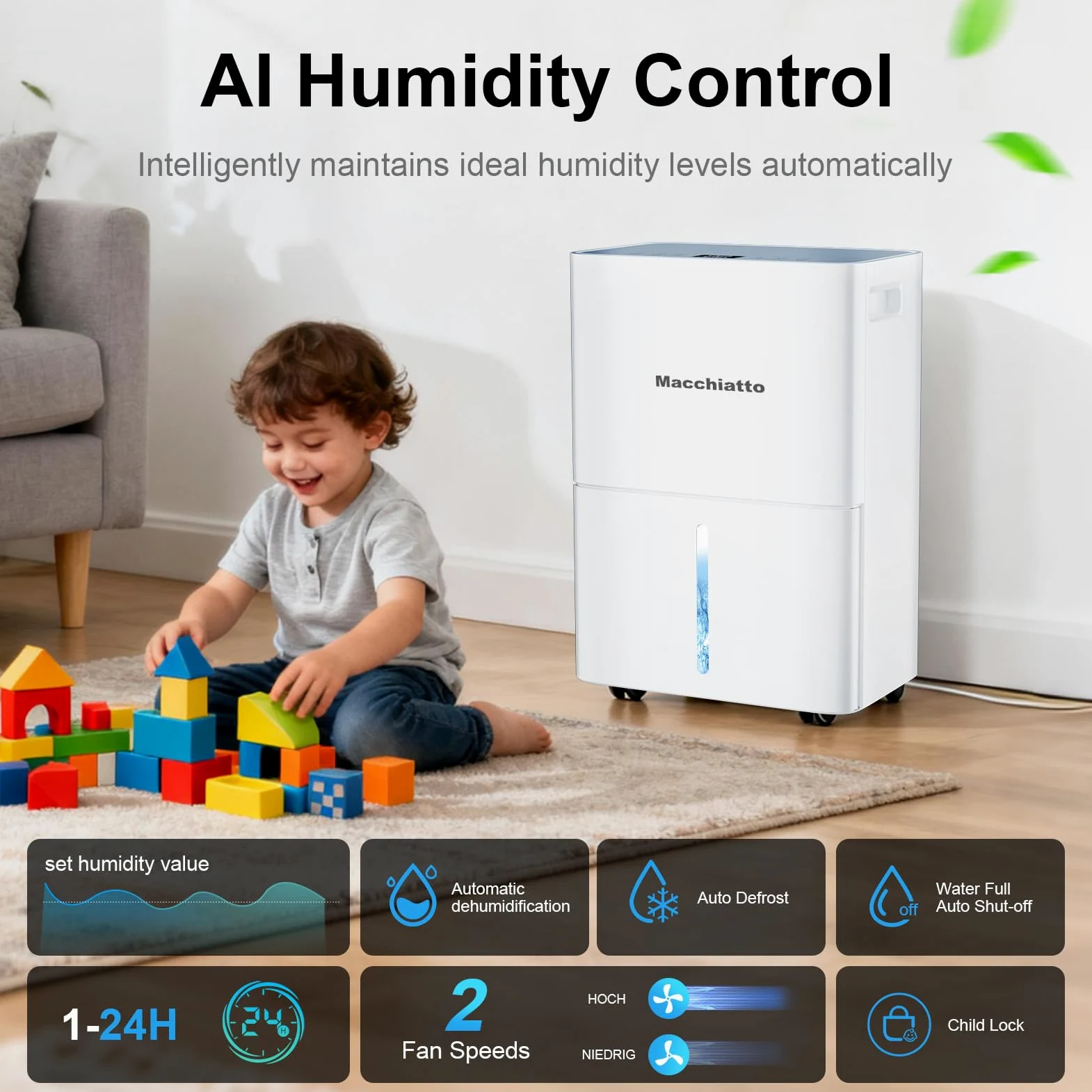 Macchiatto Deshumidificador de 16 l/día, Minuterio 1-24H, 3 Modo, funcionamiento automático, silencioso, con rueda universal y manguera de desagüe de 1m