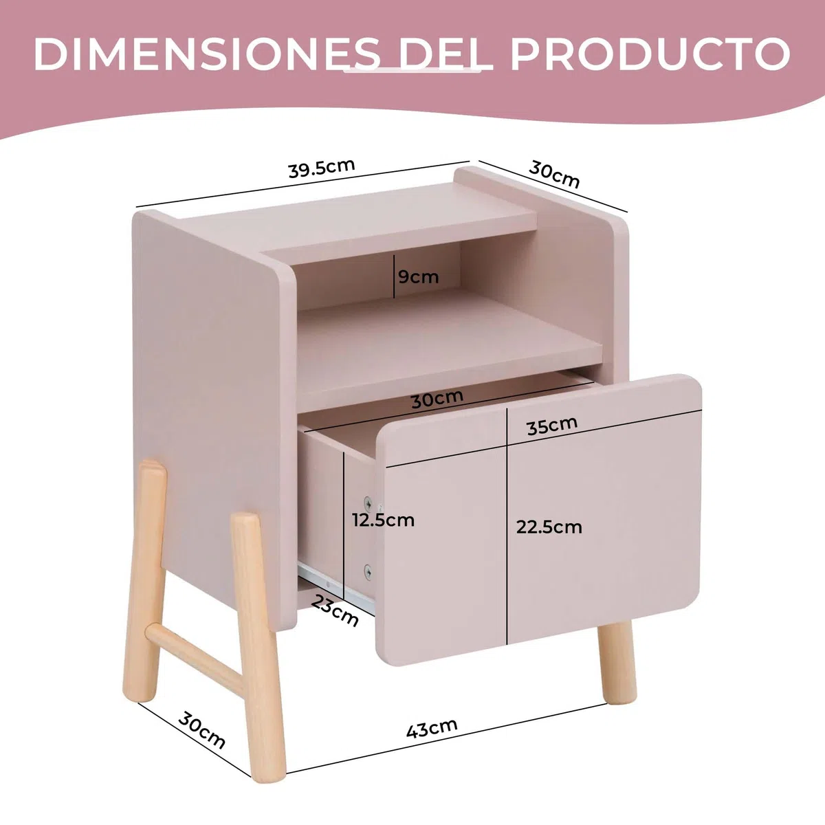 Rebecca Mobili Mesita de Noche para Habitación Infantil, Mesita de Noche Montessori, Rosa Marrón, MDF Pino, con Bordes Redondeados - Dimensiones AxAnxFon: 49 x 43 x 30 cm - Art. RE7129