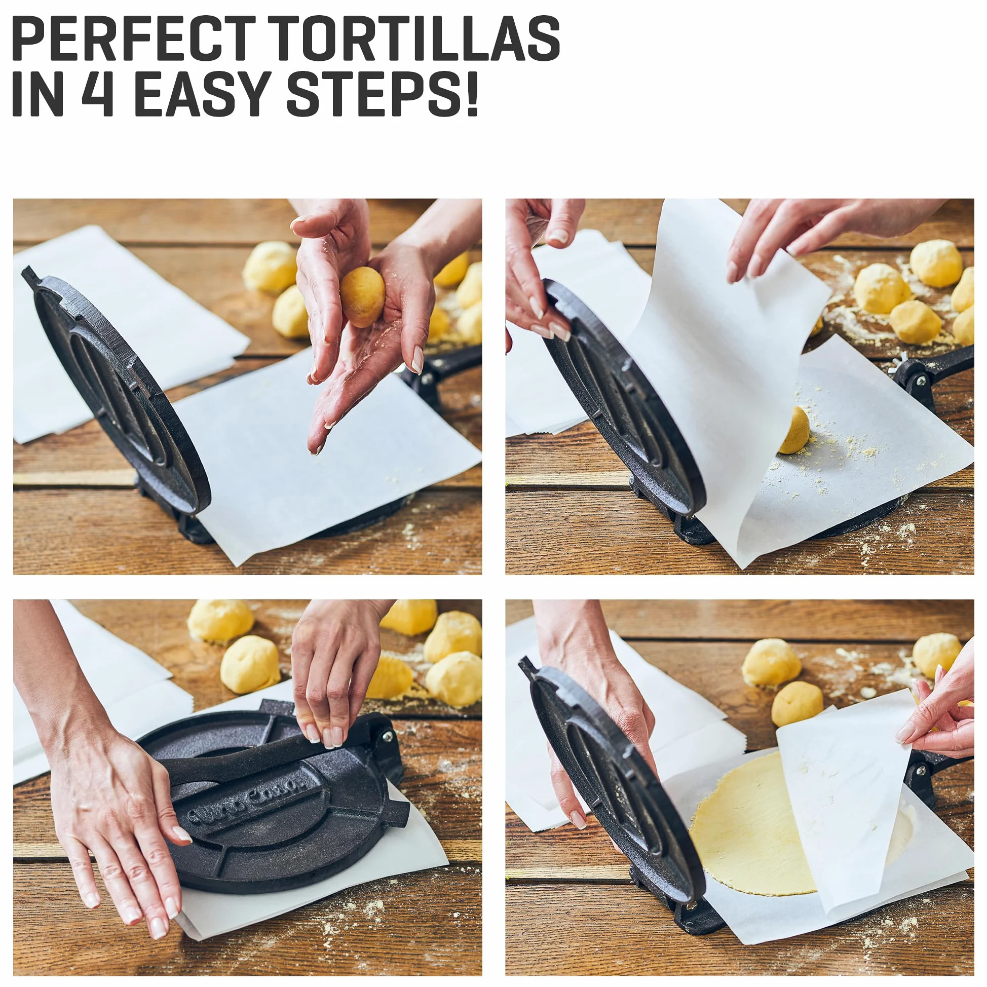 Uno Casa - Master Kit - Prensa de tortillas de 8 pulgadas con bandeja para comal, 4 soportes para tacos y calentador de tortillas, regalo único para amigos o familiares