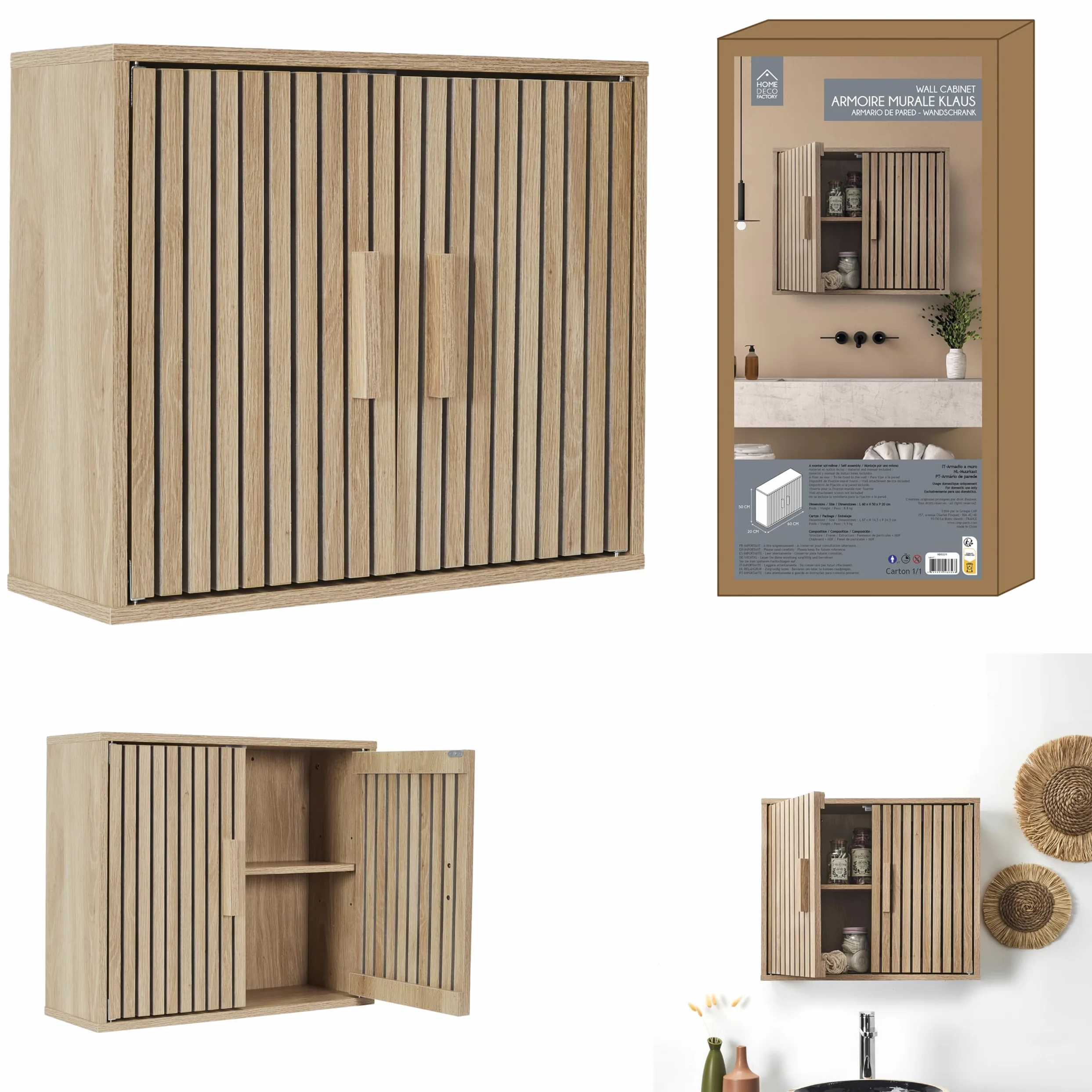 HOME DECO FACTORY - HD0221 Armario de Pared Klaus - Colección Natural Crush - Diseñado para Baño - Mueble Práctico - Dimensiones 60 x 50 x 20 cm - Color Marrón