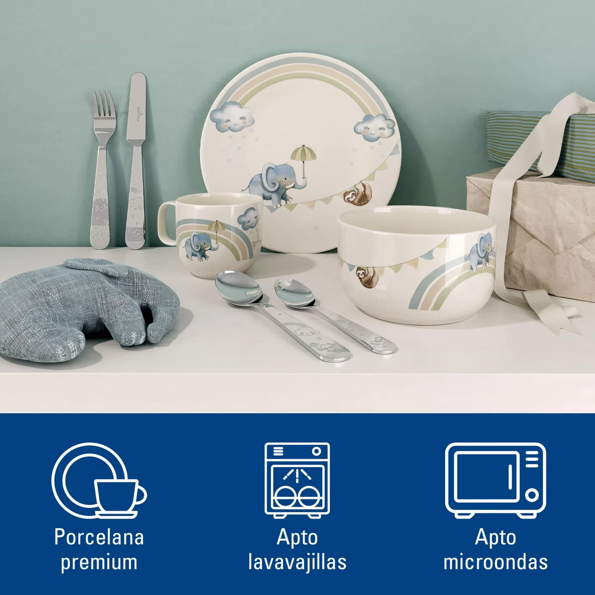 Villeroy & Boch - Walk like an Elephant Set de Vajilla Infantil 7 Piezas Azul, Apto para Lavavajillas, Apto para Microondas, Cubiertos Infantiles, Cubiertos para Niños, Plato, Porcelana Premium