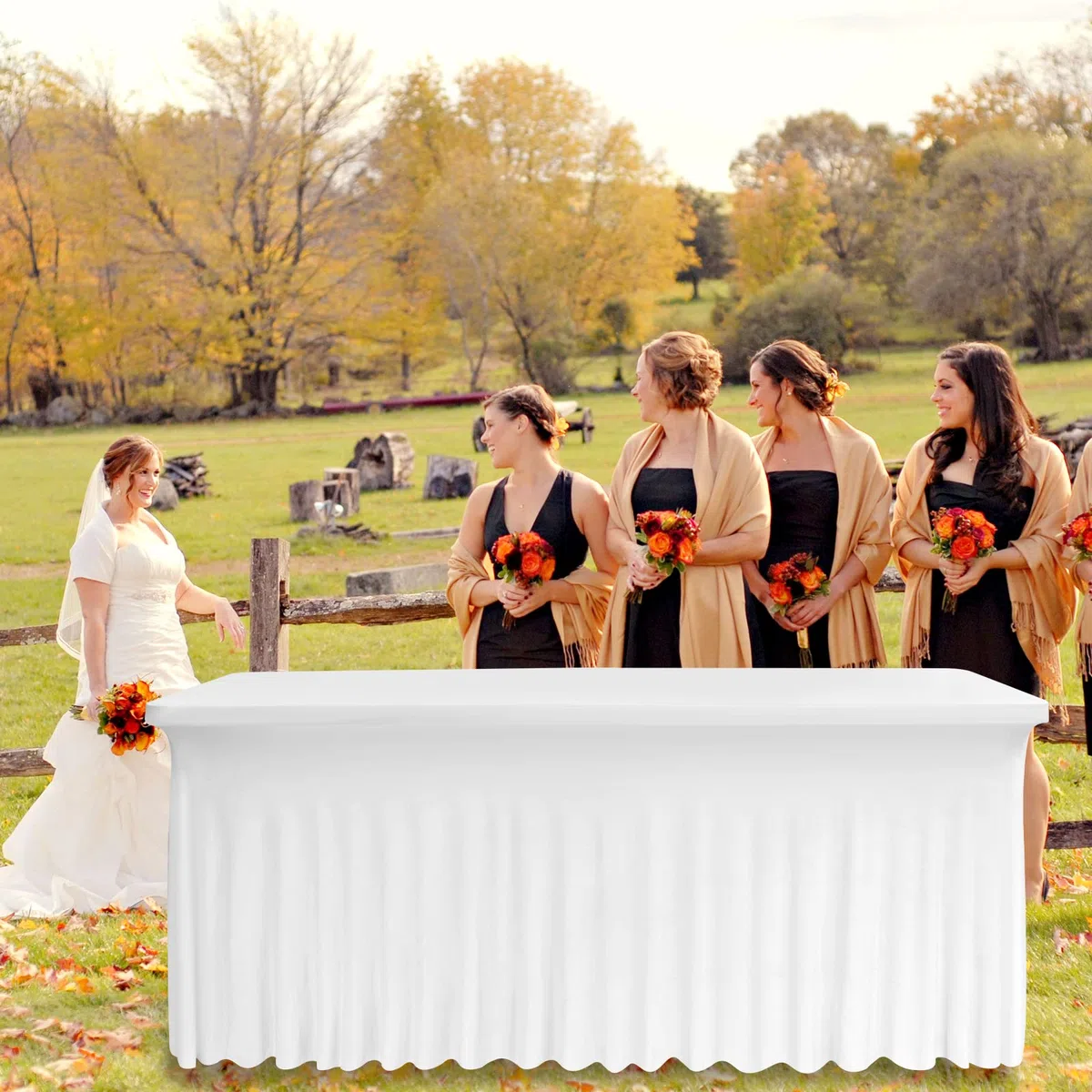 Pack de 4 Faldas de Mesa Ajustadas de Elastano Blanco, Mantel con Falda Lavable Resistente a Arrugas para Mesas Rectangulares de 6 Pies, Cubremesa con Drapeados Ondulados para Bodas, Banquetes