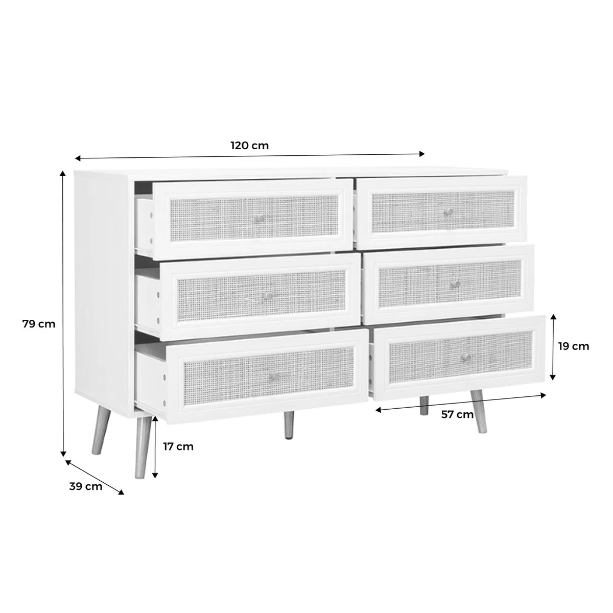 sweeek-Cómoda de 6 cajones con Efecto Madera y caña Blanco Roto - 120x39x79 cm