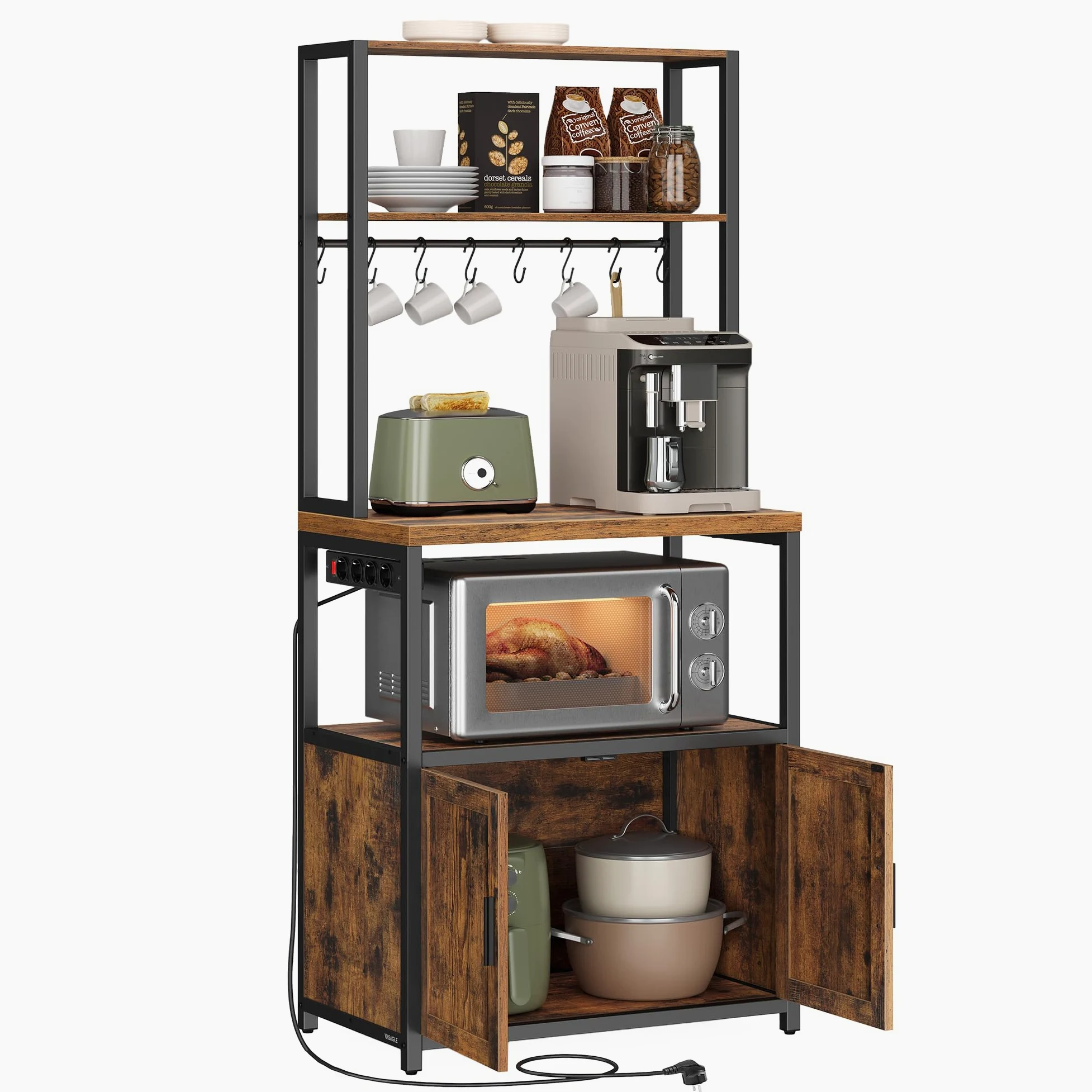 VASAGLE Estantería de Cocina con Enchufes, Altura de 90 cm, Estantería para Microondas con 8 Ganchos, 40 x 60 x 170 cm, Marrón Rústico y Negro Tinta KKS058K02