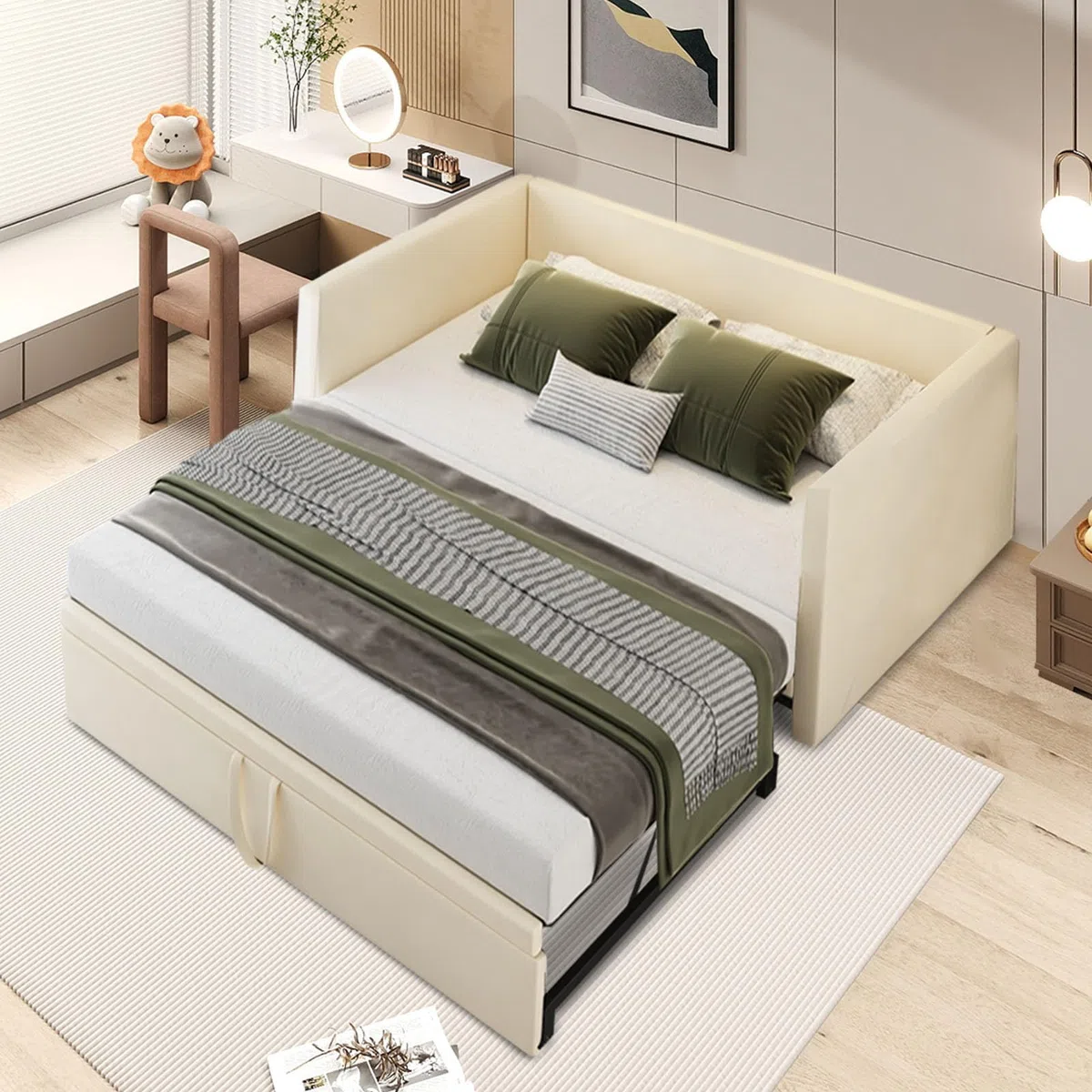 Sofá cama 90/180 x 200 cm, cama nido a la misma altura, cama con cama nido, sofá cama doble con somier, terciopelo (Beige, 90/180 x 200 cm)
