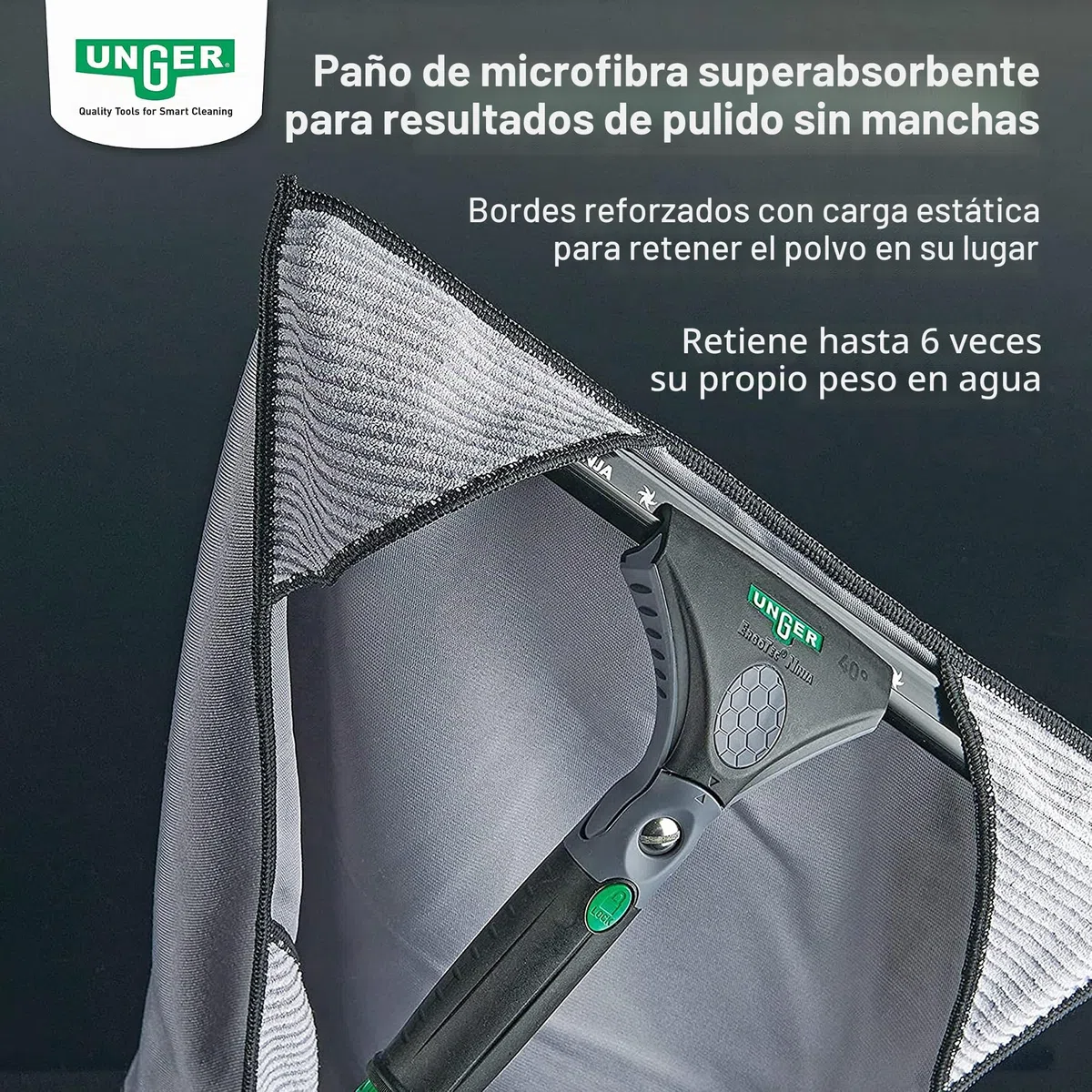 UNGER ErgoTec - Juego completo de limpieza de ventanas Ninja 6 en 1 (limpiador de 35 cm, limpiador de ventanas de 35 cm, paño de microfibra, raspador de cristal, funda, depósito en un cinturón,