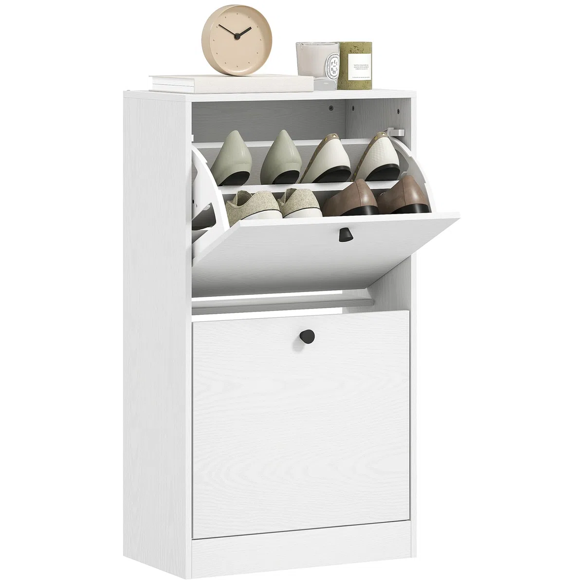HOMCOM Zapatero Estrecho con 2 Puertas, Zapatero Entrada Recibidor con Estantes Ajustables, para 8 Pares de Zapatos, 47x26x85 cm, Blanco Veteado