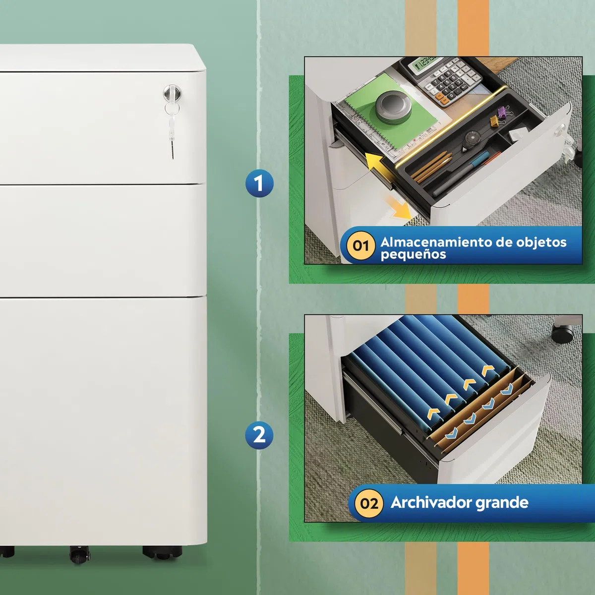 DEVAISE Carrito de Oficina con 3 Cajones Bloqueables, Mueble Bajo Escritorio Multifunción, Repositorio para Impresora y Archivador con Ruedas, Blanco
