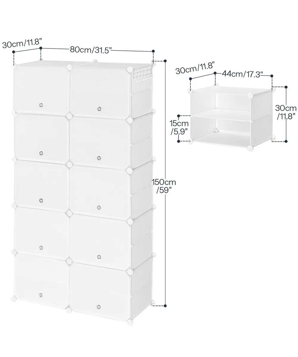 HOOBRO Mueble Zapatero, 10 Compartimentos, Modular Zapatero, Estantería de Plástico, con Puerta, Compartimento 40 x 30 x 30 cm, para Salón, Pasillo, Entrada, Dormitorio, Blanco EWT210SC01