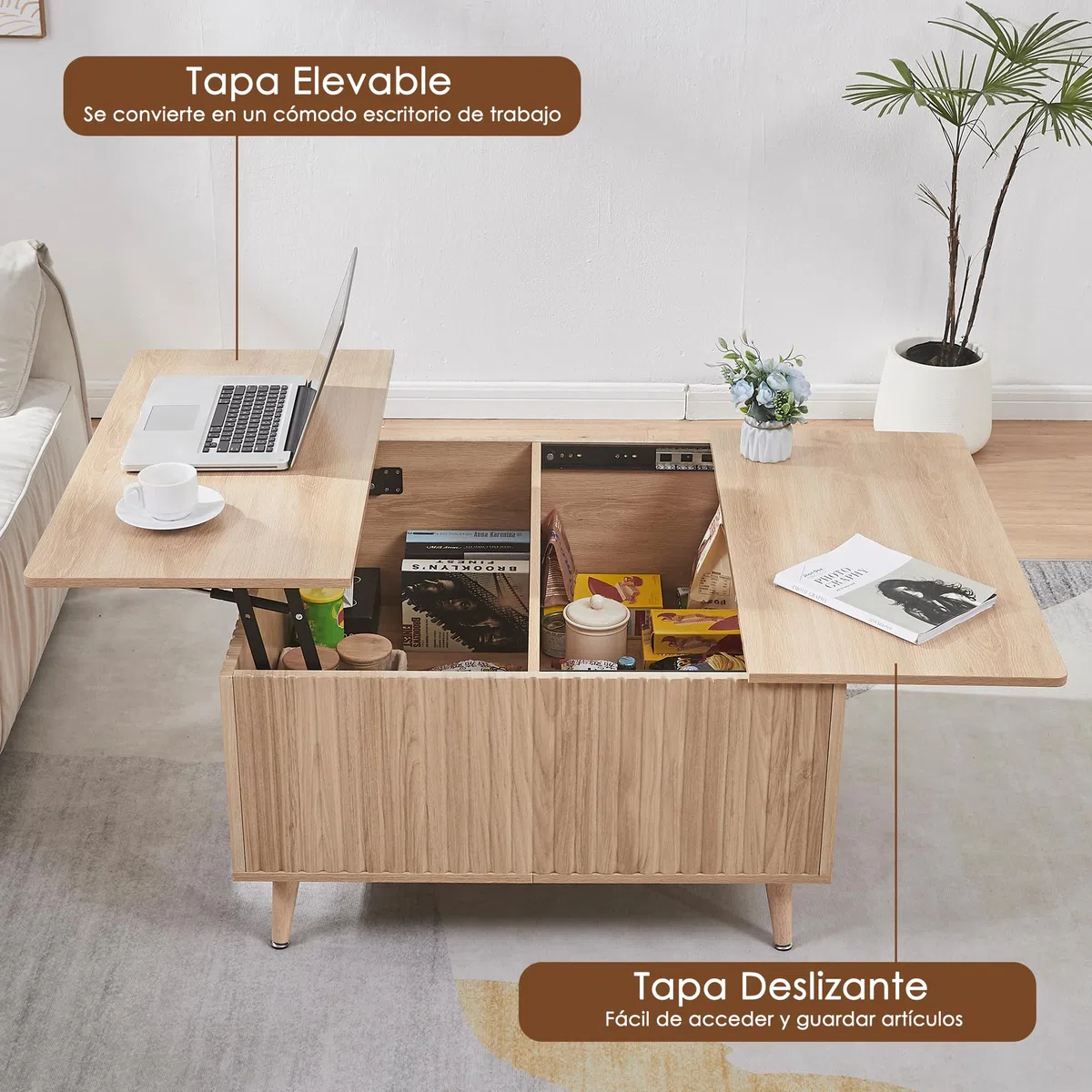 Mesa de centro cuadrada con estante extensible, mesa de centro de altura ajustable con espacio de almacenamiento y superficie acanalada para sala de estar, oficina en casa, estudio o escritorio.