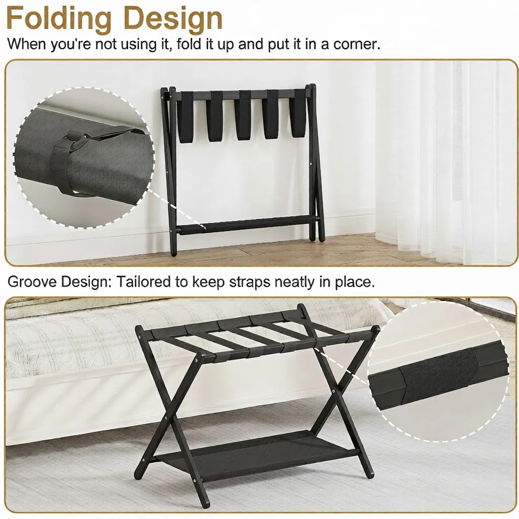BAMBOOHOMIE Paquete de 2 portaequipajes de bambú para habitación de invitados, soporte plegable de 26.7 pulgadas con estante de almacenamiento de tela, soporte de equipaje grueso para dormitorio
