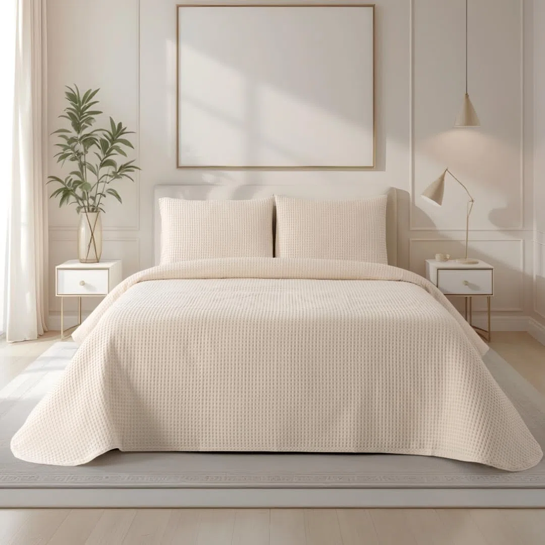 Colcha Beige para Camas 180/200 - 280 x 260 cm - Elegante patrón de Waffle - 100% Algodón Prelavado