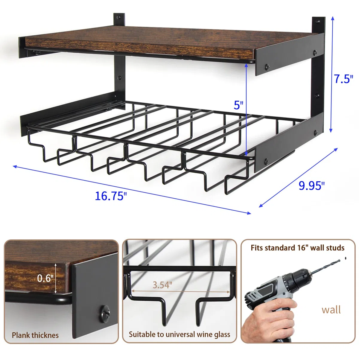 B4Life Estante para Vino montado en la Pared con Estante para Copas, Estante para Copas de Vino montado en la Pared, Estante Industrial para Copas de Vino con Soporte para Copas de Vino
