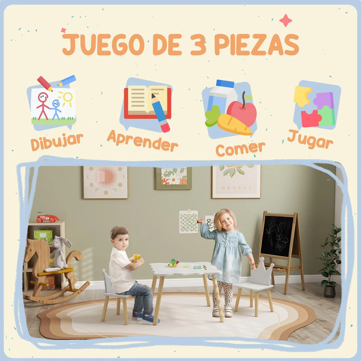 AIYAPLAY Mesa y Sillas Infantiles de 3 Piezas Mesa Infantil con 2 Sillas con Respaldo en Forma de Corona para Niños de 3-6 Años para Sala de Juegos Dormitorio Guardería Blanco